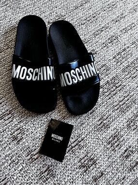 Moschino Black Logo Slides Size 38 with Dust Bag